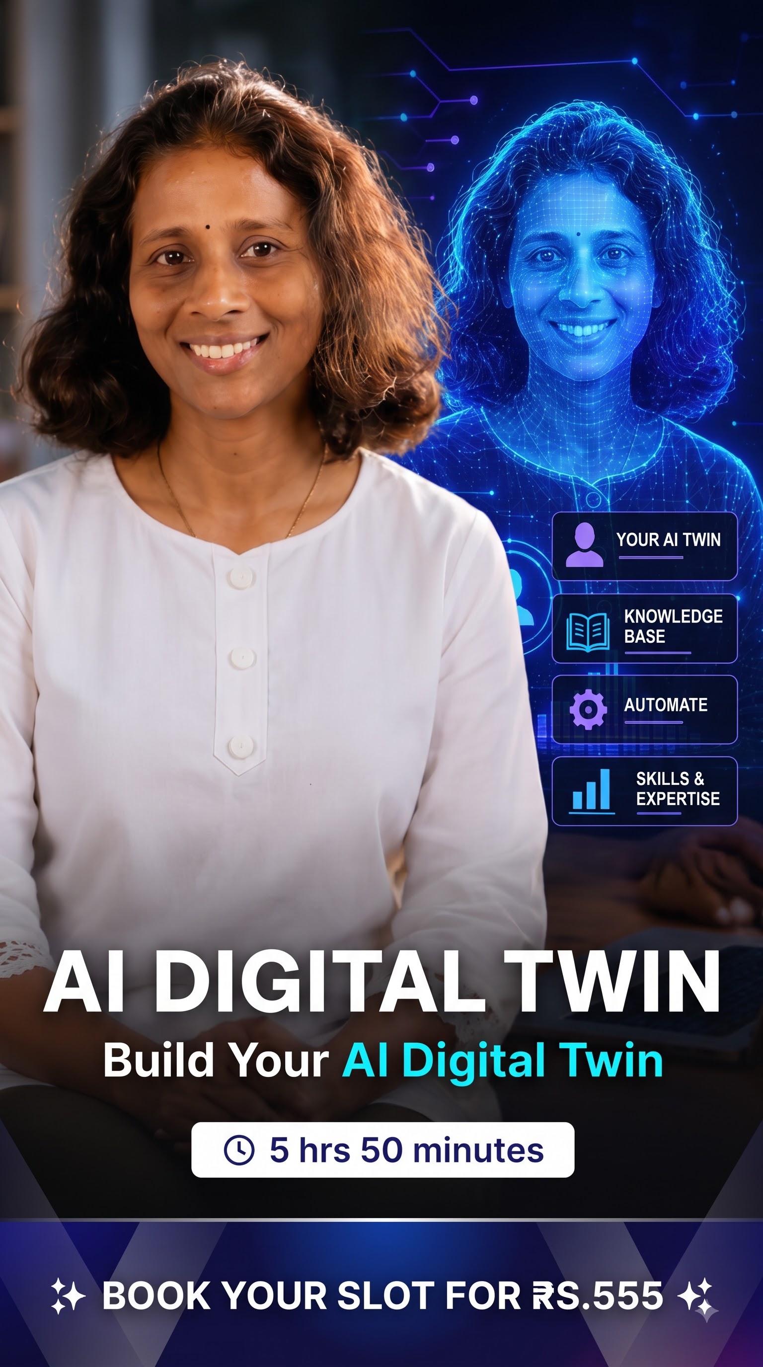 English recorded course poster — AI Digital Twin, Build Your AI Digital Twin, 5 hours 50 minutes, Rs.555